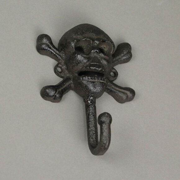 Set of 2 Rustic Brown Cast Iron Skull and Crossbones Decorative Wall Hooks - Picture 4 of 5